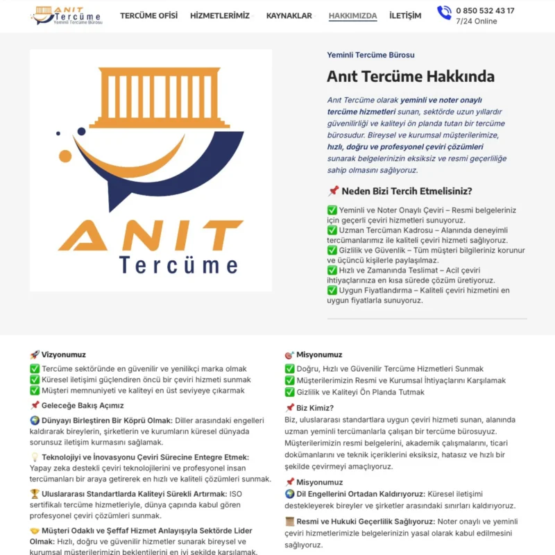 Anıt Tercüme Web Sitesi Hakkımızda Sayfası