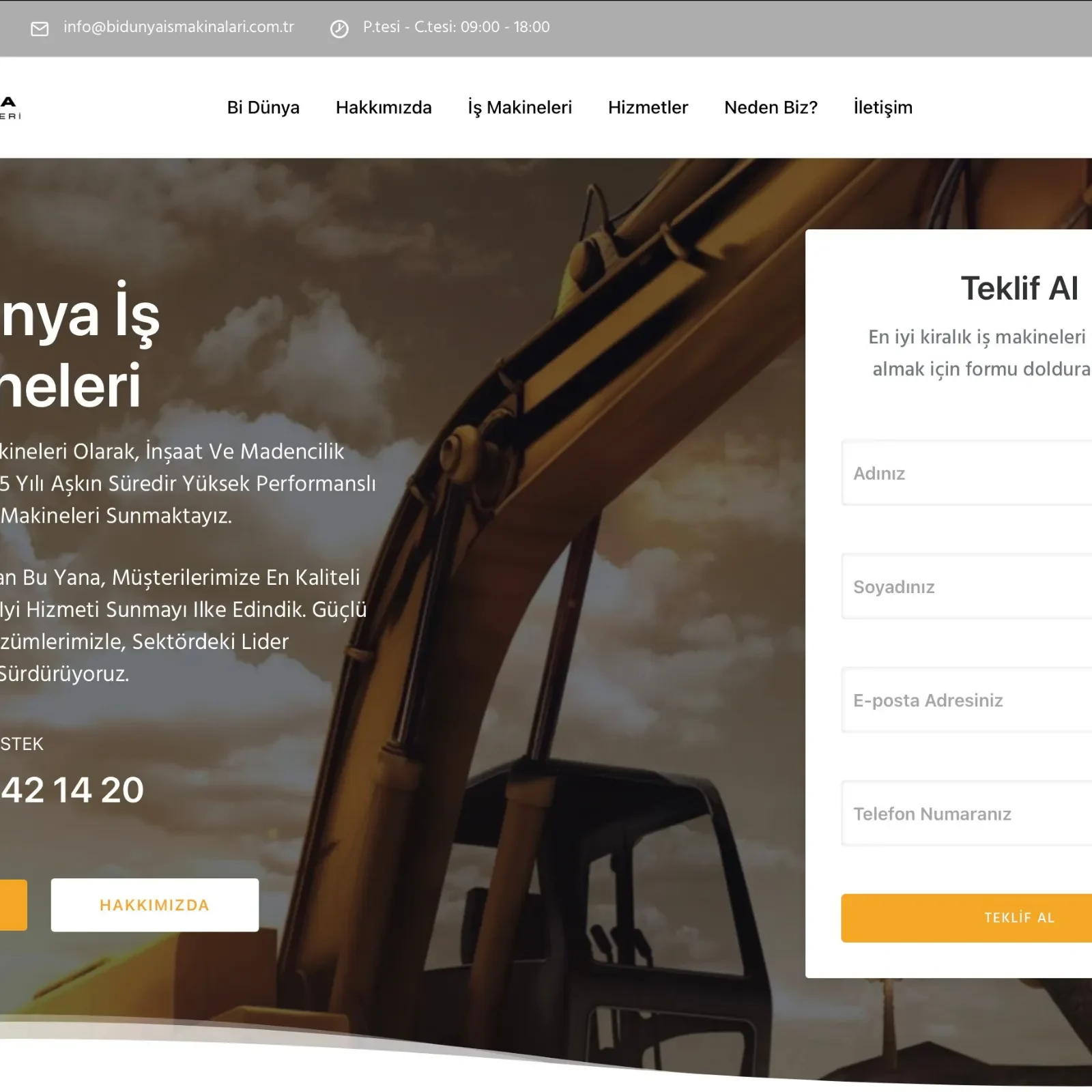 Bi Dünya İş Makineleri Tek Sayfa Site Tasarımı