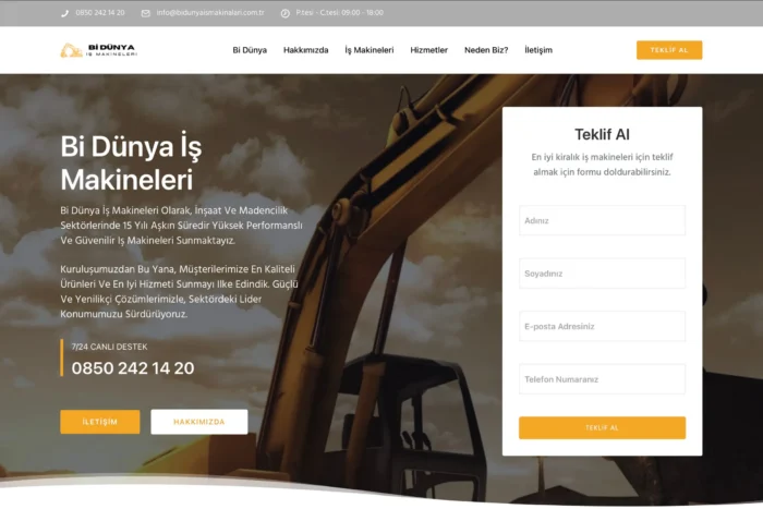 Bi Dünya İş Makineleri Tek Sayfa Site Tasarımı