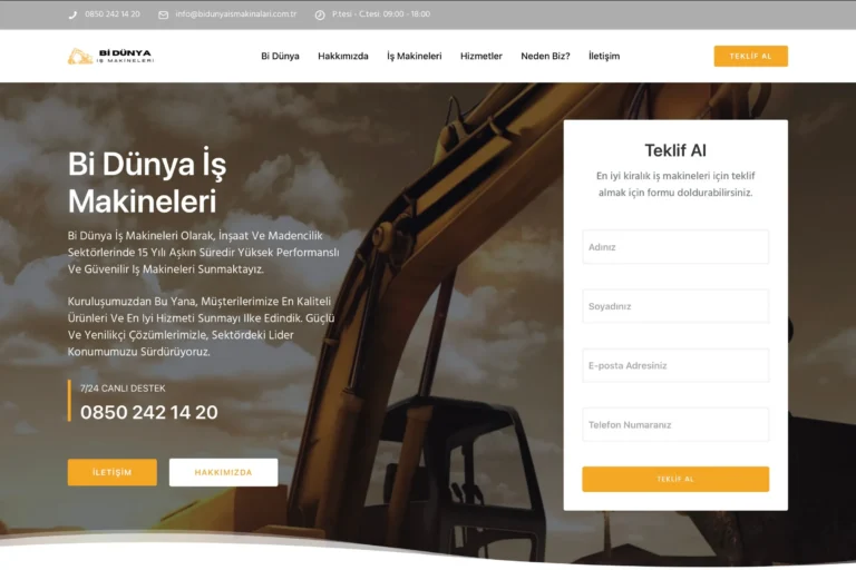 Bi Dünya İş Makineleri Tek Sayfa Site Tasarımı